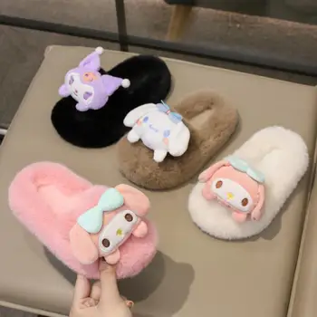 Kawaii Sanrio Kuromi Пушистые тапочки Удобные детские аниме осень зима хлопчатобумажная обувь дети согреваются мультфильм новый стиль милый