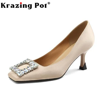Krazing Pot Настоящий Шелковый Квадратный Носок Большой Размер Весенняя Обувь Тонкие Высокие Каблуки Хрустальные Застежки Грейс Мода Slip On Ins Женщины Туфли