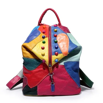 Женский рюкзак из натуральной кожи, рюкзак из овчины, красочная сумка для сшивания, женский рюкзак, сумка из натуральной кожи