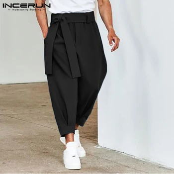 INCERUN 2021 Новые мужские модные однотонные брюки на шнурке для отдыха гарем брюки Chinomen свободные широкие штанины брюки Брюки S-5XL