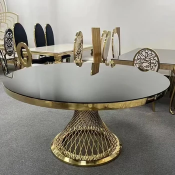 Современный итальянский обеденный стол из нержавеющей стали с круглой стеклянной столешницей Роскошный круглый мраморный обеденный стол с золотым основанием