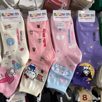 Sanrio Hello Kitty Kuromi Melody Носки Мультфильм Хлопок Середина икры Cinnamoroll Женщины Девочки Носки Kawaii Модный носок Рождественские подарки