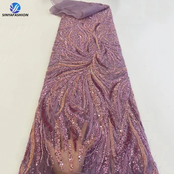Sinya 6 цветов Полная последовательность Бусины Африканский французский тюль Кружевная ткань Высокое качество нигерийская сетка Роскошное свадебное кружевное платье из бисера