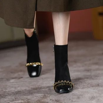 2023 Новый французский стиль Квадратный носок Массивный каблук Короткие сапоги на высоком каблуке для женщин Осенние и зимние одинарные сапоги для женщин