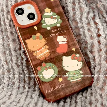 Kawaii Sanrio Аниме Hello Kitty TPU Чехол для телефона Симпатичный мультфильм Индивидуальная кожа Все включено Коричневая сетка Сладкие рождественские девушки