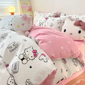 Новый Sanrio Hello Kitty Kuromi Pochacco Набор из четырех предметов Студент Чистый хлопок Одеяло Простыня Наволочка Симпатичный Комплект постельного белья для девочки