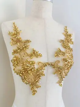 1 пара золотых блестящих бусин бриллиант горный хрусталь аппликация 3D кристалл цветочный патч для свадебного платья, галля для кутюр