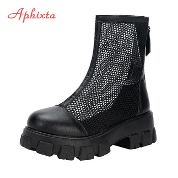 Aphixta Plus Большой размер 42 43 Летние дышащие ботинки на платформе Шнуровка 6 см Толстая подошва Женщины Застежка-молния сзади Сапоги для увеличения высоты