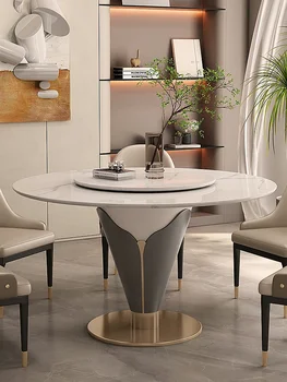 Светлый роскошный круглый обеденный стол, каменная плита, мрамор с поворотным столом, бытовым обеденным столом и стульями, групповой контрактный тип, круглый стол