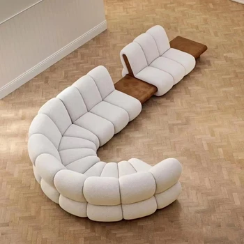 Минималистичный большой плоский диван для гостиной с маленькой талией Плюшевый плюшевый молочно-белый кремовый диван в стиле круговой дуги