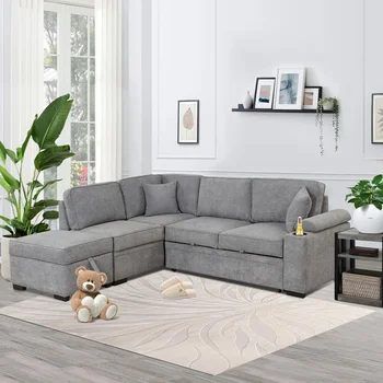 Спальный диван-кровать,2 в 1 Раскладной диван-кровать L-образный диван с пуфиком для хранения для гостиной, дивана в спальне и небольших по отдельности