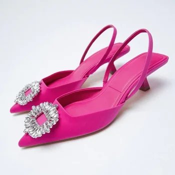 2023 Новая женская обувь Остроконечный носок Неглубокая розовая бриллиантовая обувь Низкий каблук Назад Ремешки Обувь Женщины