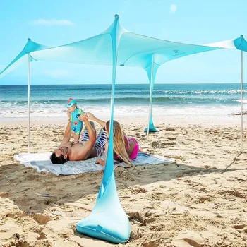  Солнцезащитный навес для пляжной палатки с защитой UPF50+, включает лопату для песка, колышки для грунта и стойки для стабилизации, наружную всплывающую пляжную тень