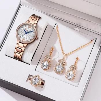 Роскошные кварцевые наручные часы CURREN для женщин с ремешком из нержавеющей стали, циферблатом со стразами и подарочным набором из 5 предметов