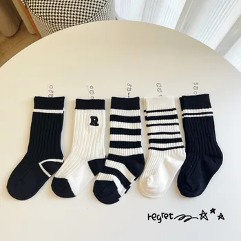 1 пара Детский школьный носок Простота Черный Белый Однотонный Серия Телячий Носок Для Малыша Мальчик Девочка Весна Осень Мода Детский Носок