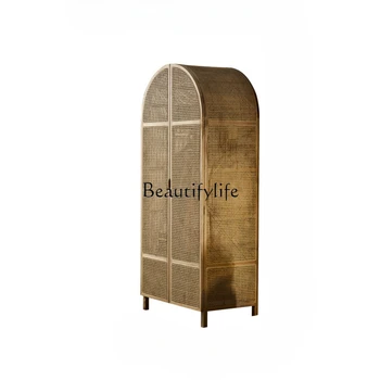 Скандинавский шкаф из ротанга из массива дерева Шкаф для хранения Винтажный B & B Арочный купол Вертикальная распашная дверь Хранение