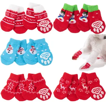 Рождественские носки для домашних животных Противоскользящие носки для собак Вязаные мультяшные обувь для щенков Дышащие носки Обувь для кошек Товары для домашних животных Аксессуары для собак