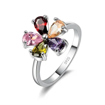 красивый цветок в форме цветка красочный кристалл 925 стерлингового серебра цвет женские обручальные кольца модные украшения для пальцев