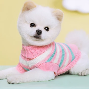  свитер для домашних животных зима в теплую полоску красочная вязаная одежда комфортная эластичность лацкан вязаная шерстяная одежда для маленького среднего питомца