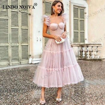 LINDO NOIVA Розовые короткие выпускные платья Тюль Плиссированные чайные платья для вечерних вечеринок Лиф Большие размеры Женское платье для возвращения домой 2023