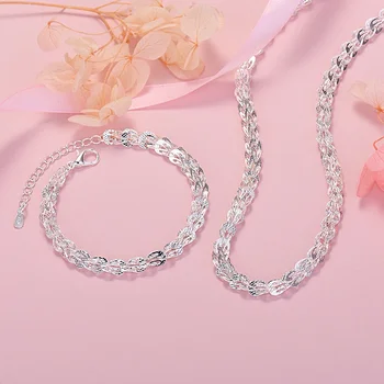 корейская мода 925 пробы токарные станки из стерлингового серебра резные узоры браслеты ожерелья ювелирные изделия набор для женщин вечеринка свадьба аксессуары