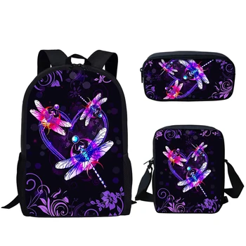 3 комплект школьная сумка для подростков мальчиков и девочек стрекоза с цветочным принтом повседневный рюкзак для студентов ежедневная сумка для книг сумка для обеда сумка для карандашей