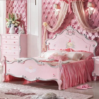 Набор резной мебели для детской спальни в европейском стиле Антикварная роскошная кожаная кровать принцессы