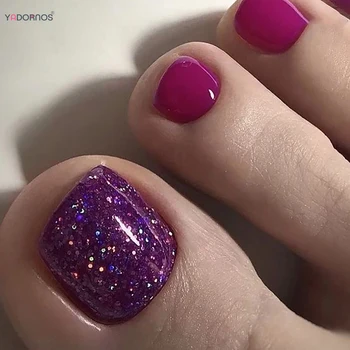Фиолетовый накладной ноготь на ноге Блестящие блестки Элегантный однотонный искусственный пресс на ногте для женщин и девочек Маникюрный салон дома