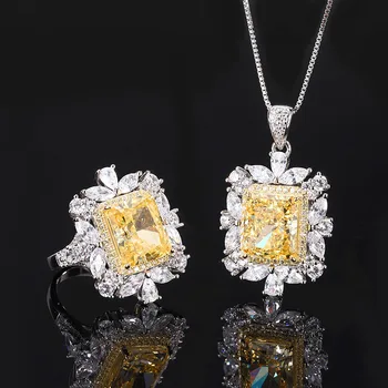  Элегантный желтый высокоуглеродистый бриллиант S925 Стерлинговое серебро Роскошный ювелирный набор для женщин Кулон Ожерелье Обручальное кольцо
