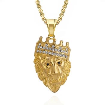 Хип-хоп Ледяная Корона Голова Льва Кулон Ожерелья Мужские Золото Серебряного Цвета Нержавеющая Сталь Животное Ожерелье Для Мужчин Ювелирные Изделия Подарок