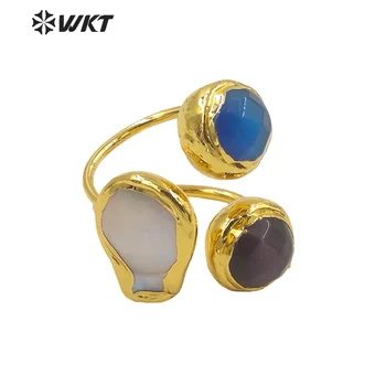 WT-R372 Оптовая Мода Золото Тройное Круглое Каменное Кольцо Женщины Натуральный Кошачий Глаз И Жемчуг Регулируемый Размер Америка Дизайн Украшение