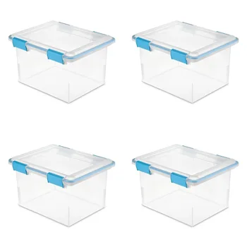 Sterilite 32 Qt Уплотнительная коробка Прозрачное основание и крышка Синий аквариумный набор из 4 США