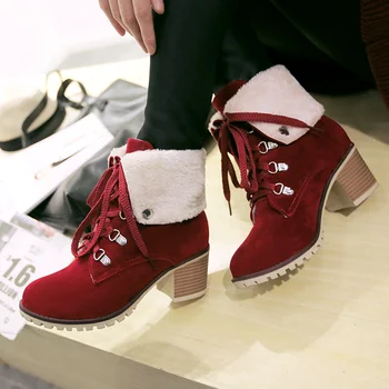 Новые женские зимние сапоги Зимние теплые плюшевые модные ботинки на шнуровке на массивном каблуке Женские нескользящие красные сапоги с кисточками Женские средние сапоги