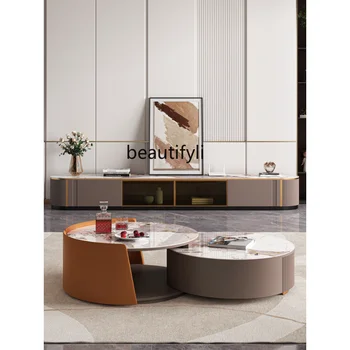 Современный минималистичный круглый журнальный столик с каменной плитой Nordic Большие и малые квартиры типа гостиной High-End TV Тумба