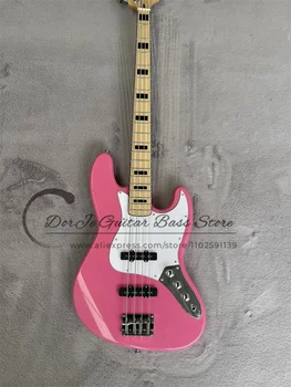 4 струны Бас-гитара Розовый корпус Белый медиатор Кленовый гриф Черная инкрустация Фиксированный бридж