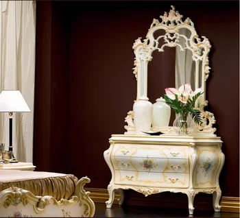 Мебель на заказ Французские резные цветы из массива дерева с зеркальным столом для макияжа Европейский гримерный стол Комбинация зеркал