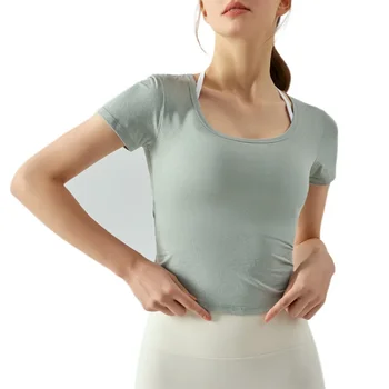 Жаккардовая полая тонкая спортивная рубашка для йоги с короткими рукавами Короткая дышащая быстросохнущая футболка Одежда для йоги для женщин