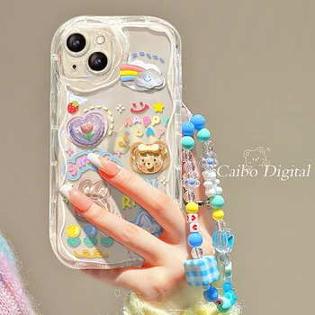 Прозрачный чехол для телефона 3D Love Heart Bear Rabbit Cloud Chain Роскошный милый чехол для iPhone 15 14 13 12 11 Pro Max X XS XR 7 8Plus