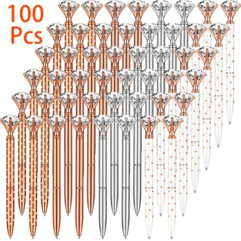 100Pcs Big Diamond Pens-Bling Свадебные хрустальные металлические шариковые ручки с черными чернилами