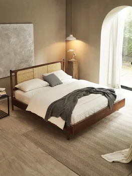 скандинавская кровать из ротанга ретро маленькая бытовая двуспальная кровать ясень простая твердая кровать