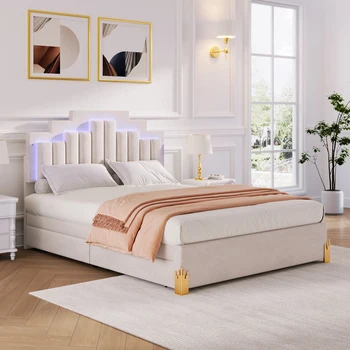 Мягкая кровать-платформа со светодиодной подсветкой и 4 ящиками, стильный металлический дизайн ножек кровати неправильной формы