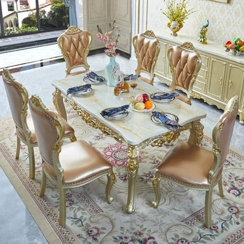 Мебель для столовой Мрамор Прямоугольный квадратный стол в европейском стиле Роскошная вилла Аромат из массива дерева Цвет бетеля