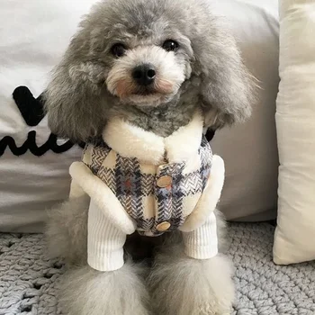 Маленькая, средняя собака, зимняя одежда, щенок, утолщенный теплый жилет, одежда французского бульдога, клетчатая куртка, тедди бишон одежда для мишки